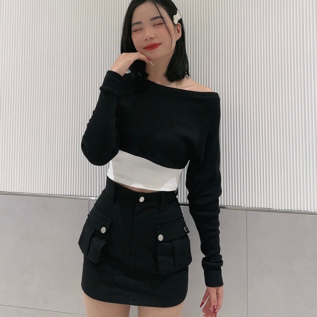 Áo croptop dài tay Nữ, chất liệu vải mắt dứa có giãn ít, phong cách trẻ trung năng động.
