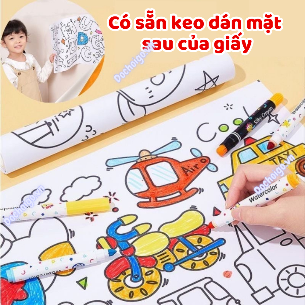 Tranh tập tô màu dán tường cho bé, có thể cắt hình dán có sẵn keo dán mặt sau của giấy