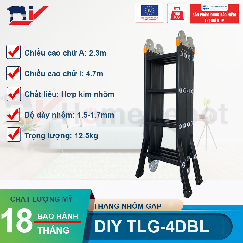 Thang nhôm gấp đoạn cao cấp chân choãi DIY TLG-4DBL chiều cao sử dụng tối đa chữ A 230cm, chữ I 470cm