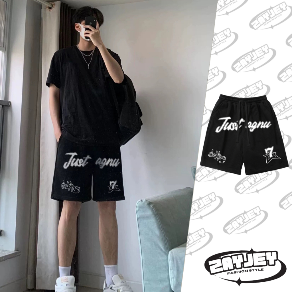 Quần Nỉ Ngố Nam Họa Tiết Chữ JustAgnu Jayzey Short Thun Đùi Dày Dặn Có Túi Kết Hợp Dây Rút