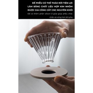 VOLCANO Phễu thuỷ tinh V60 rãnh thẳng đế nhôm Cafede Kona