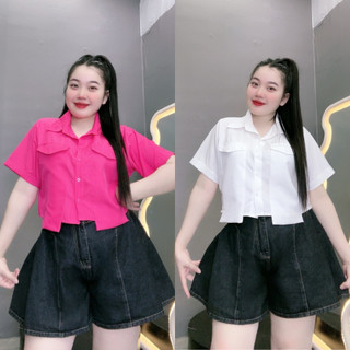 Áo sơ mi NHỎ CLOTHING bigsize nữ tay ngắn cổ bẻ dáng ngắn kèm túi 2 bên áo dài qua thân áo chất lụa croptop xinh SM162
