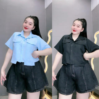 Áo sơ mi NHỎ CLOTHING bigsize nữ tay ngắn cổ bẻ dáng ngắn kèm túi 2 bên áo dài qua thân áo chất lụa croptop xinh SM162