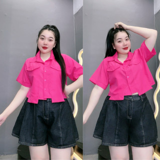 Áo sơ mi NHỎ CLOTHING bigsize nữ tay ngắn cổ bẻ dáng ngắn kèm túi 2 bên áo dài qua thân áo chất lụa croptop xinh SM162