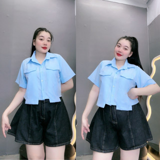 Áo sơ mi NHỎ CLOTHING bigsize nữ tay ngắn cổ bẻ dáng ngắn kèm túi 2 bên áo dài qua thân áo chất lụa croptop xinh SM162