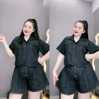Áo sơ mi NHỎ CLOTHING bigsize nữ tay ngắn cổ bẻ dáng ngắn kèm túi 2 bên áo dài qua thân áo chất lụa croptop xinh SM162
