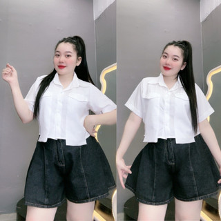 Áo sơ mi NHỎ CLOTHING bigsize nữ tay ngắn cổ bẻ dáng ngắn kèm túi 2 bên áo dài qua thân áo chất lụa croptop xinh SM162