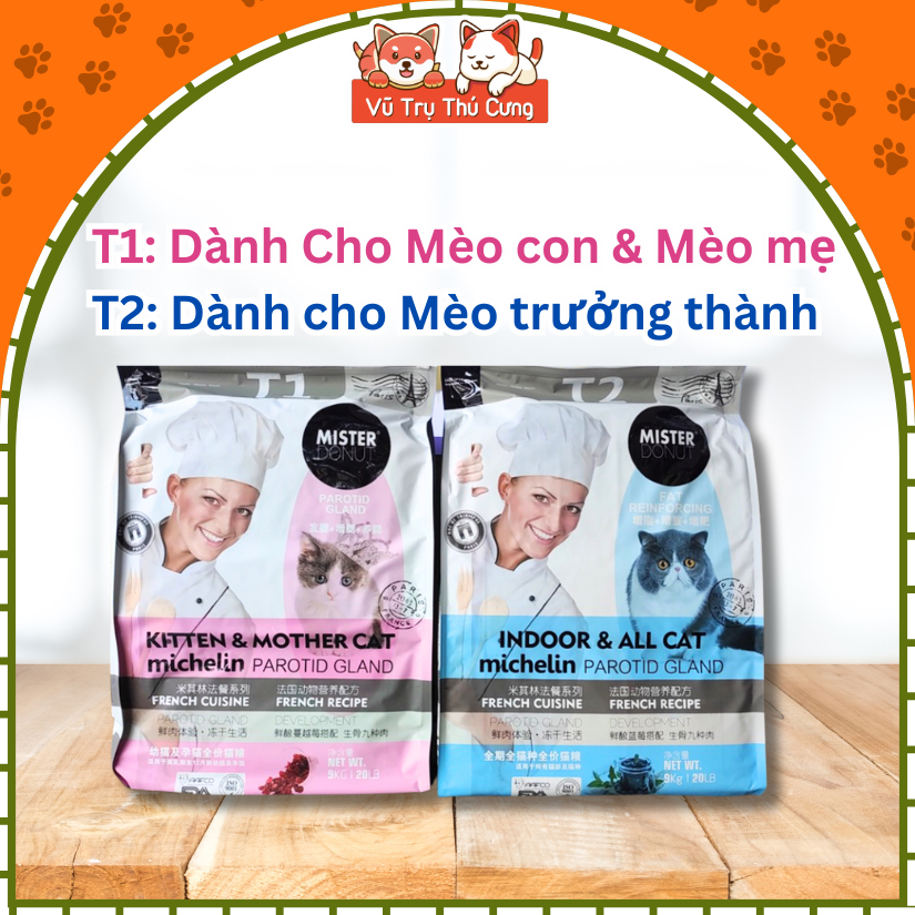 (9Kg) Thức Ăn Hạt Mister Donut T1 và T2 Dành Cho Mèo con, Mèo Trưởng Thành
