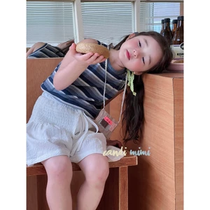 CANDIMIMI Áo Cotton Sát Nách Kẻ Mềm Mát Cho Bé Gái - Phong Cách Hàn Quốc