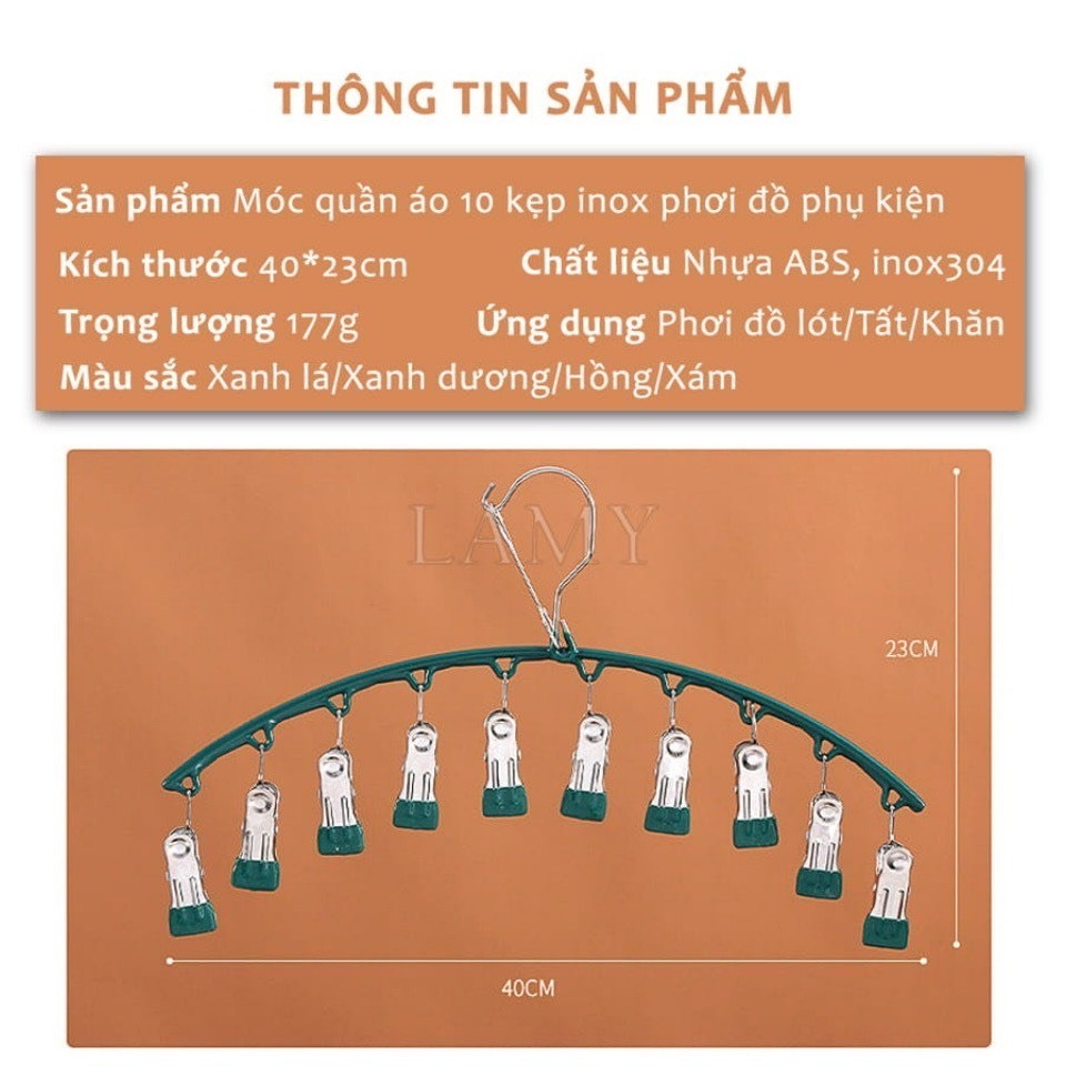 Kẹp treo quần áo, vớ, tất (8 kẹp/10 kẹp) móc hình vòng cung- Móc phơi đồ, tất vớ inox bọc nhựa, mẫu mới