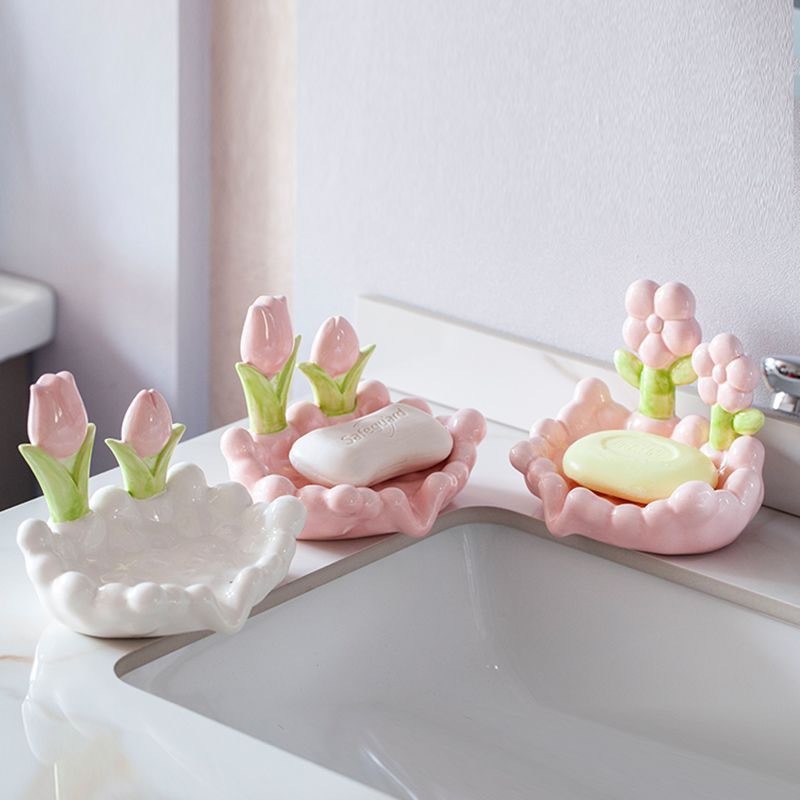 Khay Đựng Xà Phòng Không Tích Nước Bằng Gốm Sứ Hoạ Tiết Hoa Tulip Để Nhà Tắm