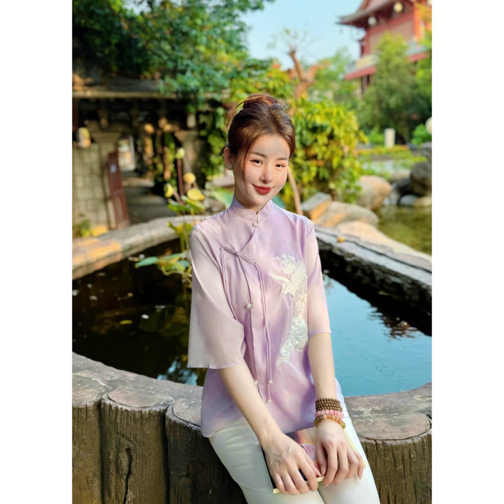 Pháp phục đi chùa cổ tàu voan tơ thêu hạc dây tết cách điệu Bộ đồ đi chùa nữ cách tân tay lỡ Đồ lam đi lễ voan mềm mịn