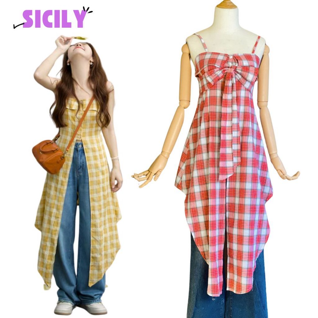 Áo hai dây dáng dài cách điệu áo kẻ caro hai dây Sicily CR400