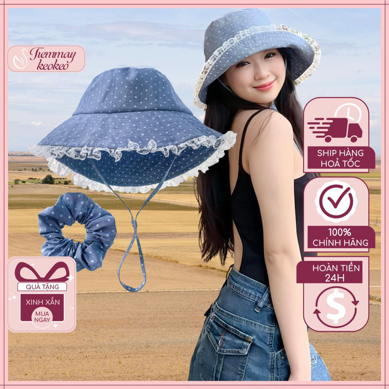 Mũ nón vải màu jean hoa nhí viền ren TIEMMAYKEOKEO mũ bucket có quai ...