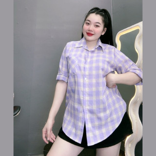 Sơ mi bigsize nữ sọc caro form rộng tay dài bo gấu vạt bầu có túi vải lenin thô mềm mát SM161