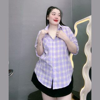 Sơ mi bigsize nữ sọc caro form rộng tay dài bo gấu vạt bầu có túi vải lenin thô mềm mát SM161
