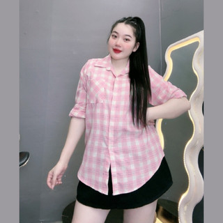 Sơ mi bigsize nữ sọc caro form rộng tay dài bo gấu vạt bầu có túi vải lenin thô mềm mát SM161