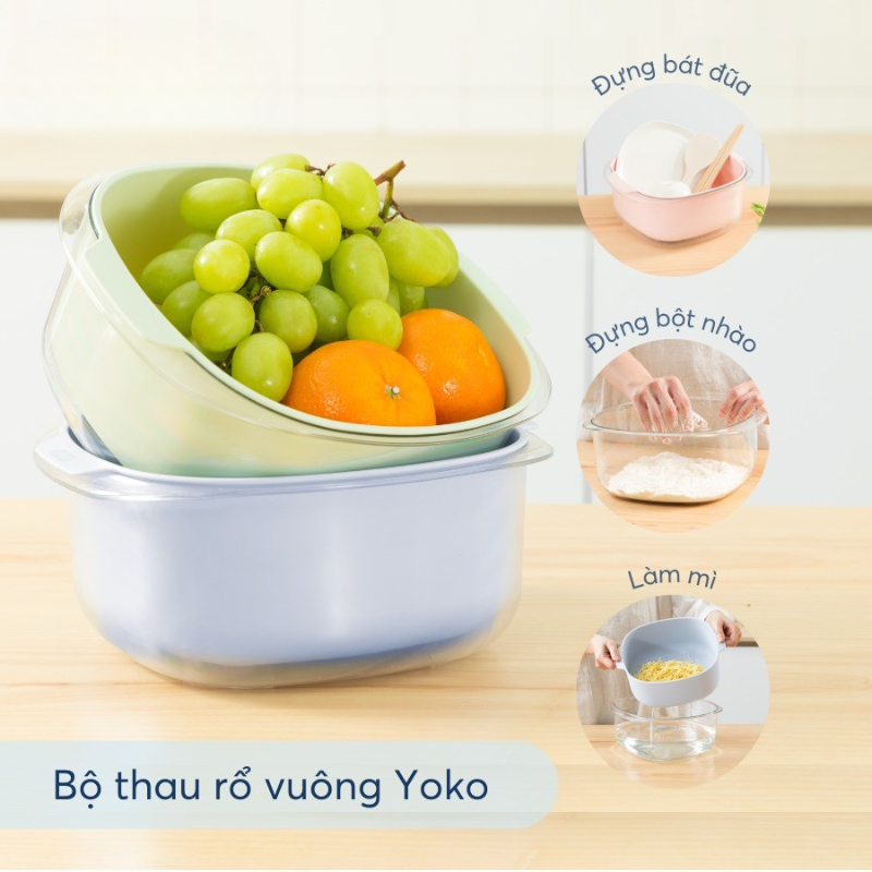 Bộ thau rổ vuông Yoko tiêu chuẩn Nhật Bản tiện lợi, bền, đẹp chính hãng Inochi