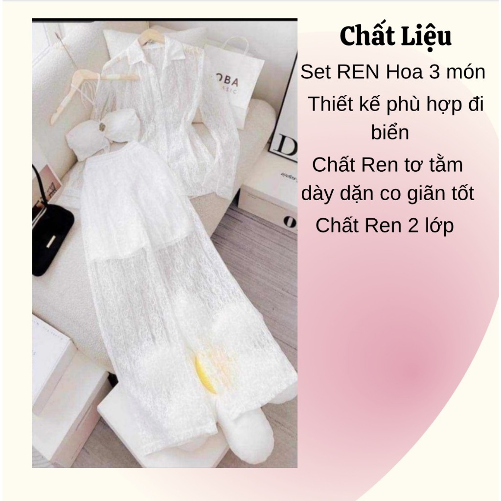 SALE SALE Sét ống rộng 3 món ren đi biển áo dây quần dài,áo sơ mi cho bé và mẹ bé 2 đến 16 tuổi