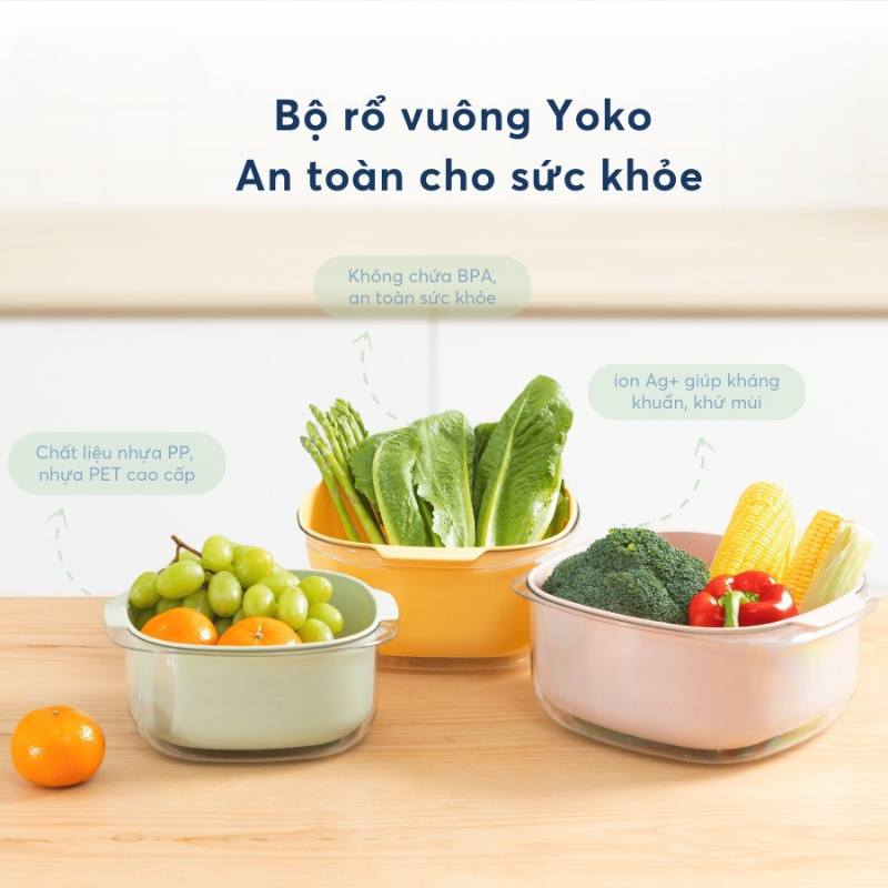 Bộ thau rổ vuông Yoko tiêu chuẩn Nhật Bản tiện lợi, bền, đẹp chính hãng Inochi