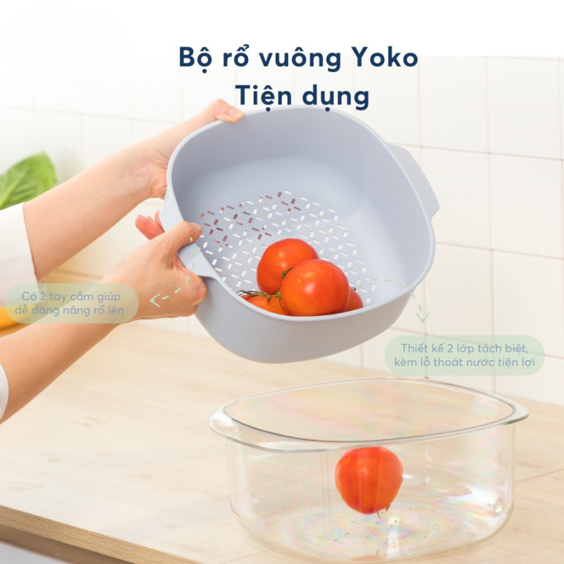 Bộ thau rổ vuông Yoko tiêu chuẩn Nhật Bản tiện lợi, bền, đẹp chính hãng Inochi