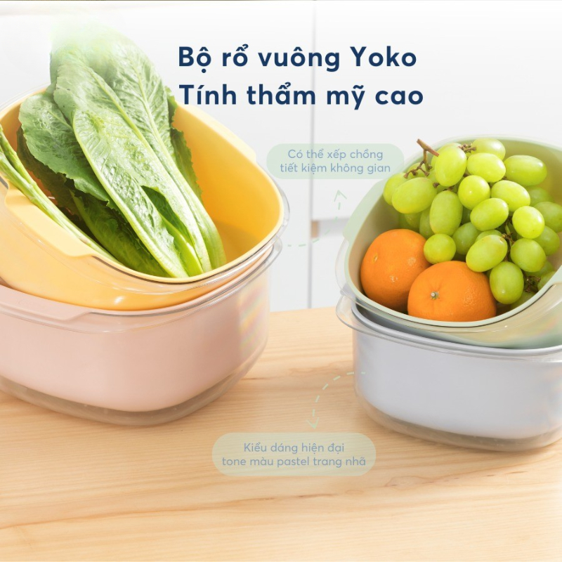 Bộ thau rổ vuông Yoko tiêu chuẩn Nhật Bản tiện lợi, bền, đẹp chính hãng Inochi