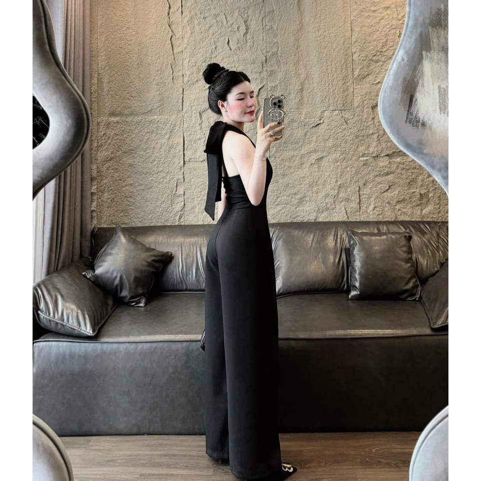 Jum thời trang nữ sang chảnh , jumsuilt cổ yếm cột nơ hở lưng quần dài ống rộng phong cách thanh lịch dx