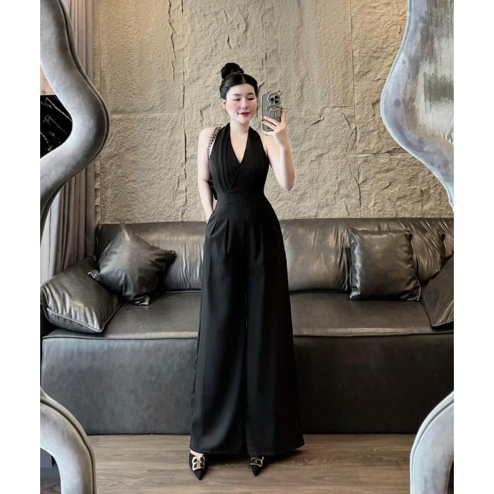 Jum thời trang nữ sang chảnh , jumsuilt cổ yếm cột nơ hở lưng quần dài ống rộng phong cách thanh lịch dx