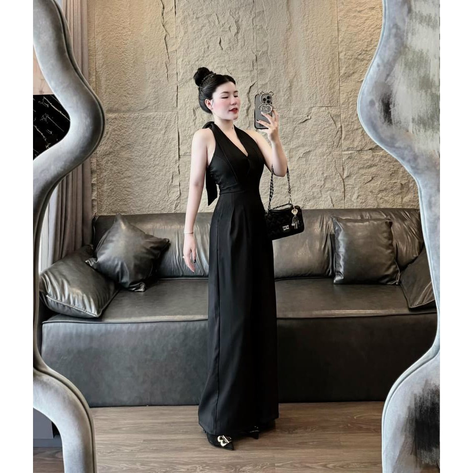 Jum thời trang nữ sang chảnh , jumsuilt cổ yếm cột nơ hở lưng quần dài ống rộng phong cách thanh lịch dx
