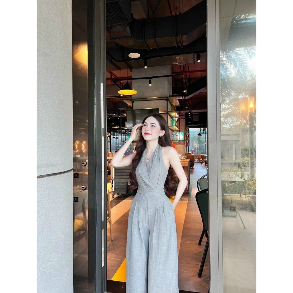 Jum thời trang nữ sang chảnh , jumsuilt cổ yếm cột nơ hở lưng quần dài ống rộng phong cách thanh lịch dx
