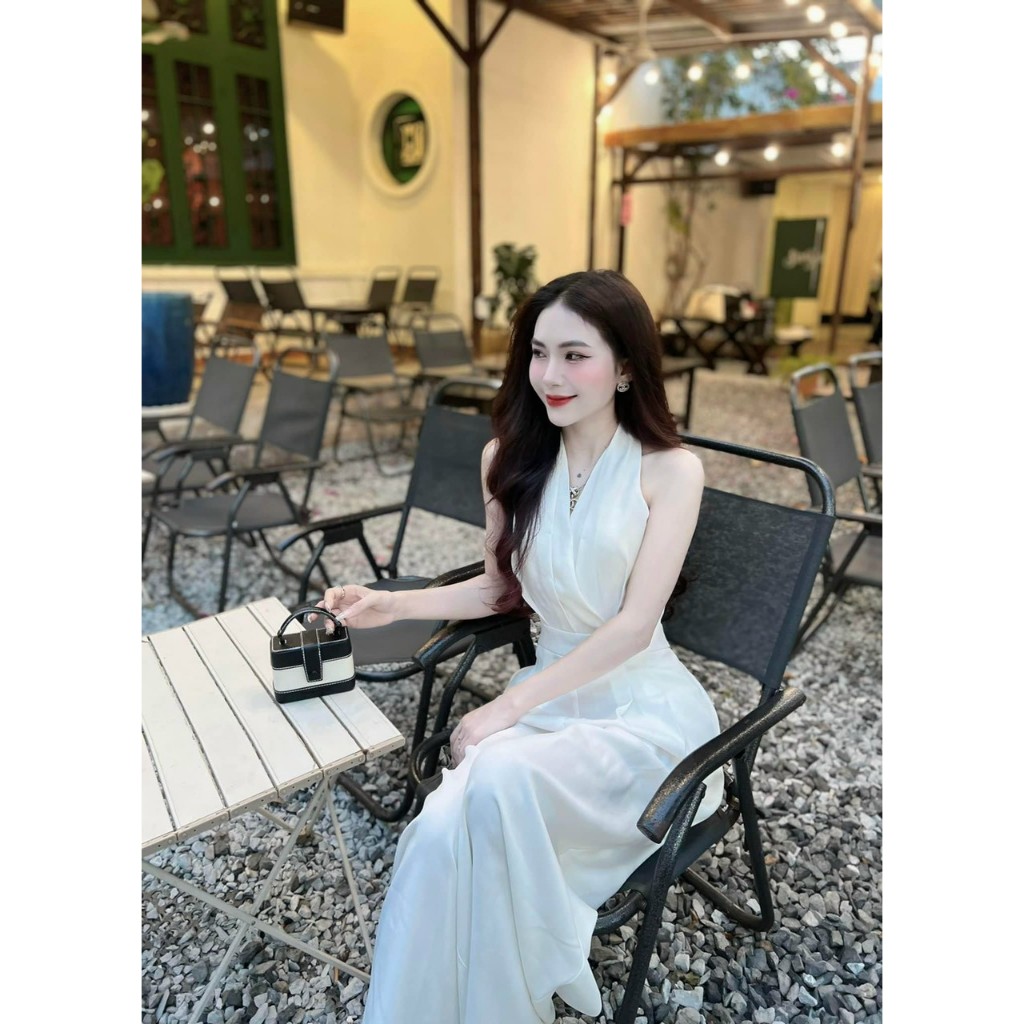 Jum thời trang nữ sang chảnh , jumsuilt cổ yếm cột nơ hở lưng quần dài ống rộng phong cách thanh lịch dx