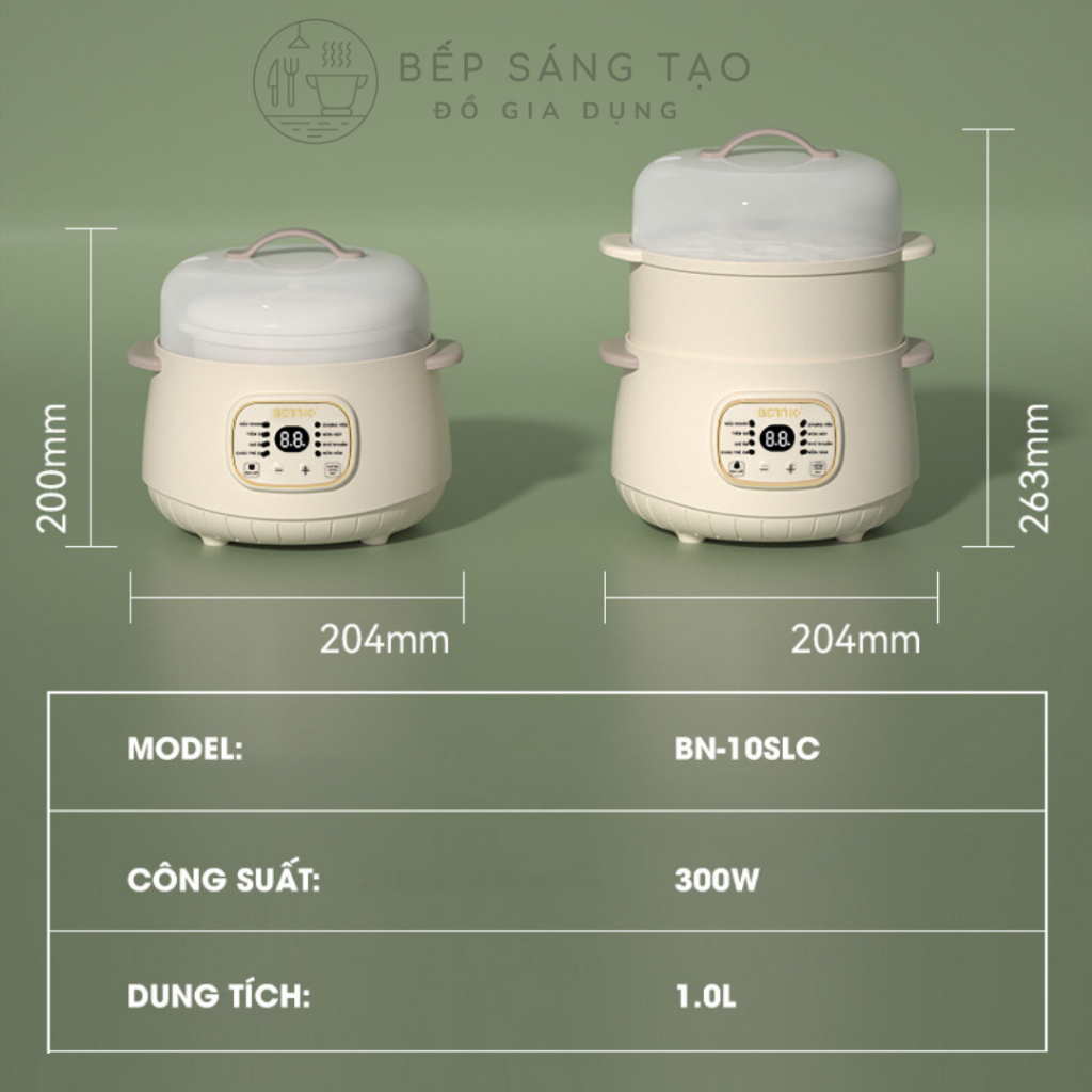 Nồi Nấu Điện Cách Thuỷ Bennix BN-10SLC, Nồi Đa Năng Hầm Gà  Chưng Yến Cho Bé  Bảo Hành 2 Năm