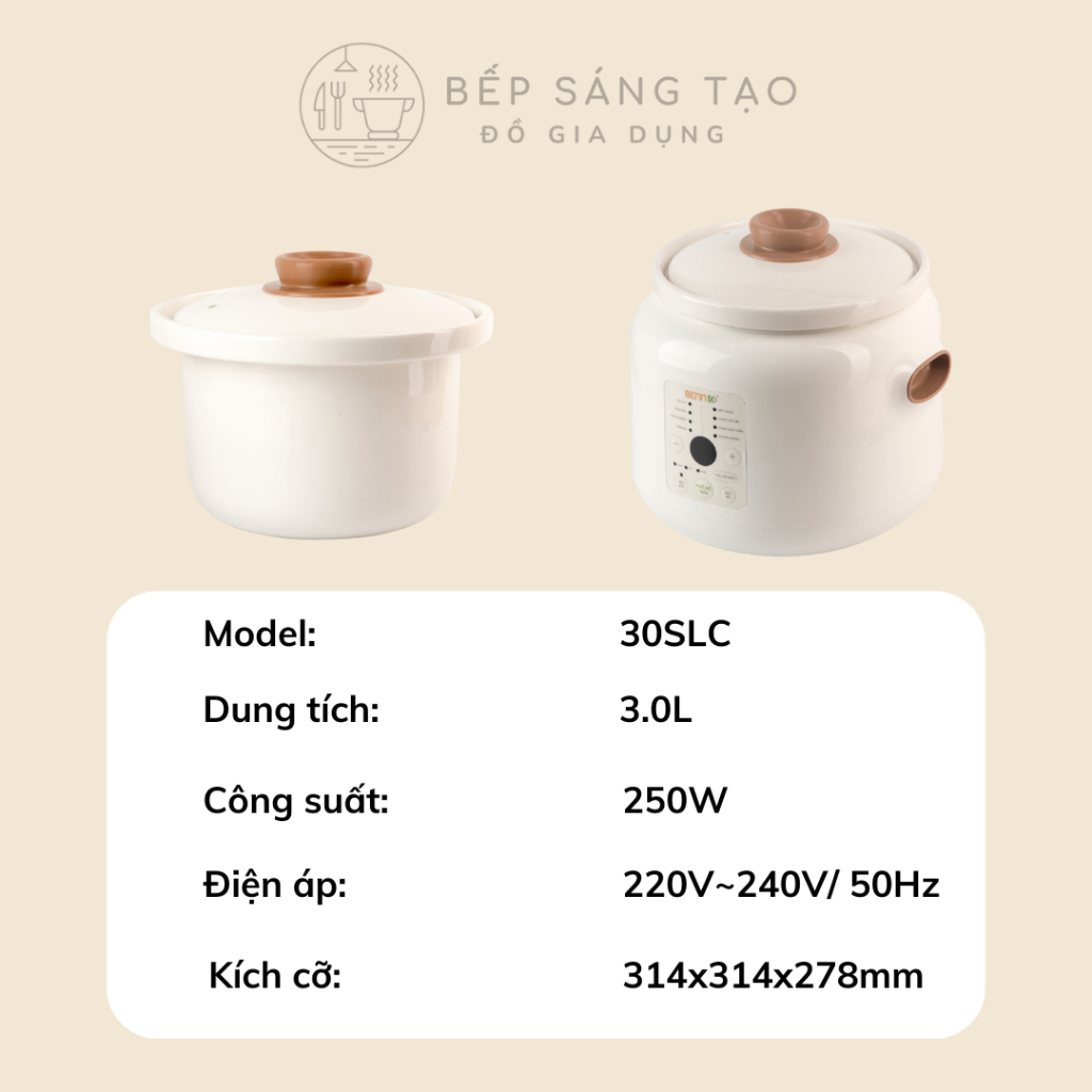 Nồi Nấu Chậm Điện Bennix BN-30SLC Lõi Sứ Hầm Cháo Cho Bé 8 Chức Năng, Hầm Gà, Kho Cá