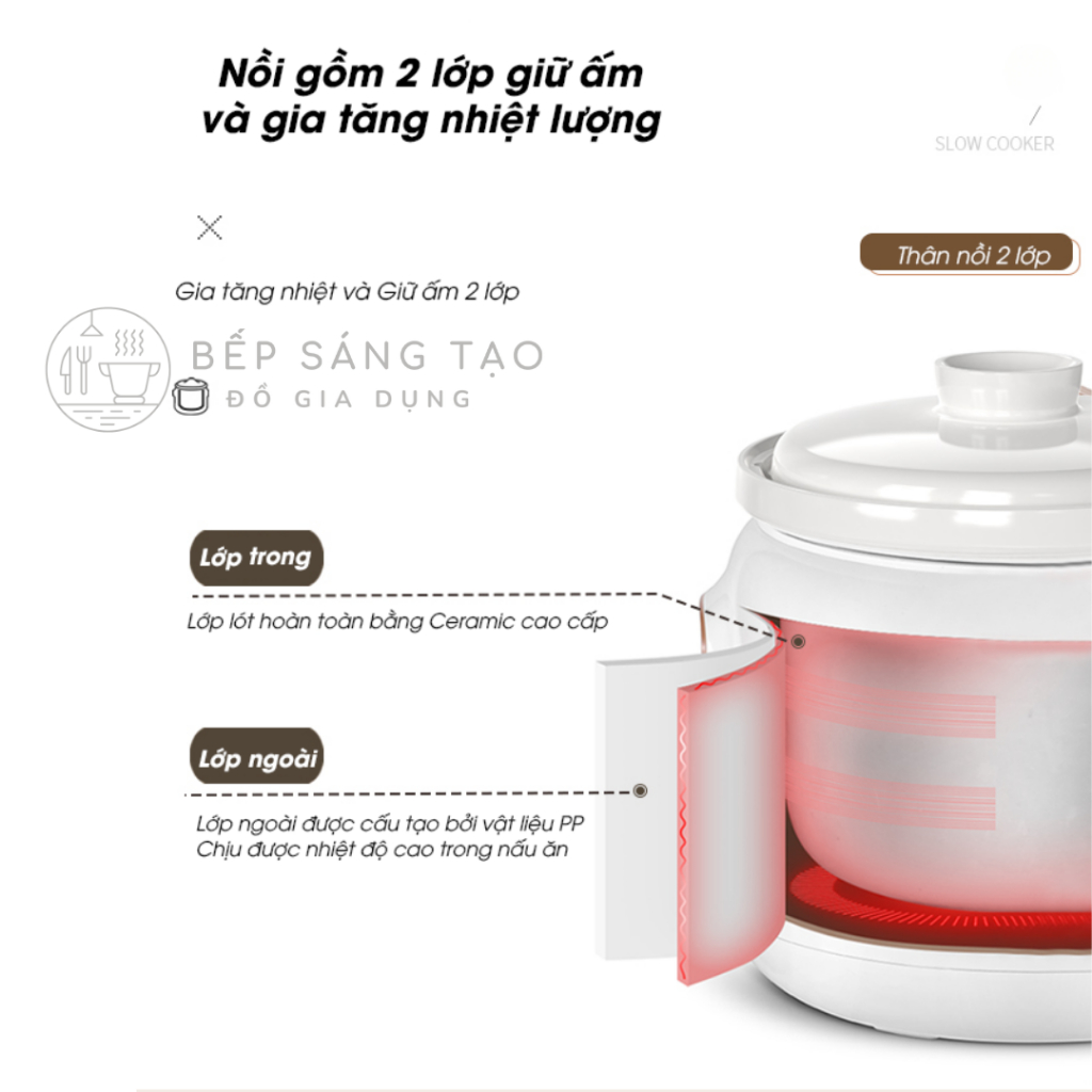 Nồi Nấu Chậm Điện Bennix BN-30SLC Lõi Sứ Hầm Cháo Cho Bé 8 Chức Năng, Hầm Gà, Kho Cá