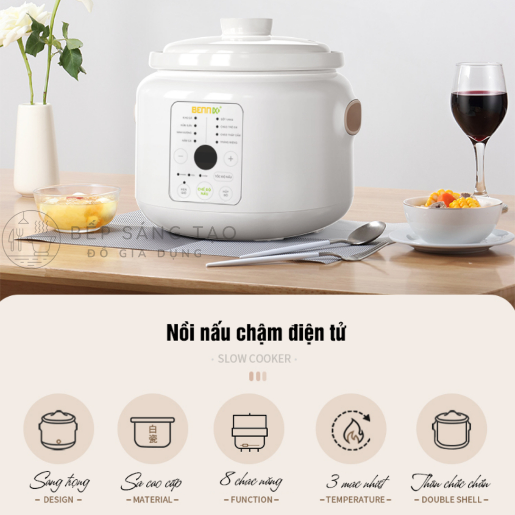 Nồi Nấu Chậm Điện Bennix BN-30SLC Lõi Sứ Hầm Cháo Cho Bé 8 Chức Năng, Hầm Gà, Kho Cá