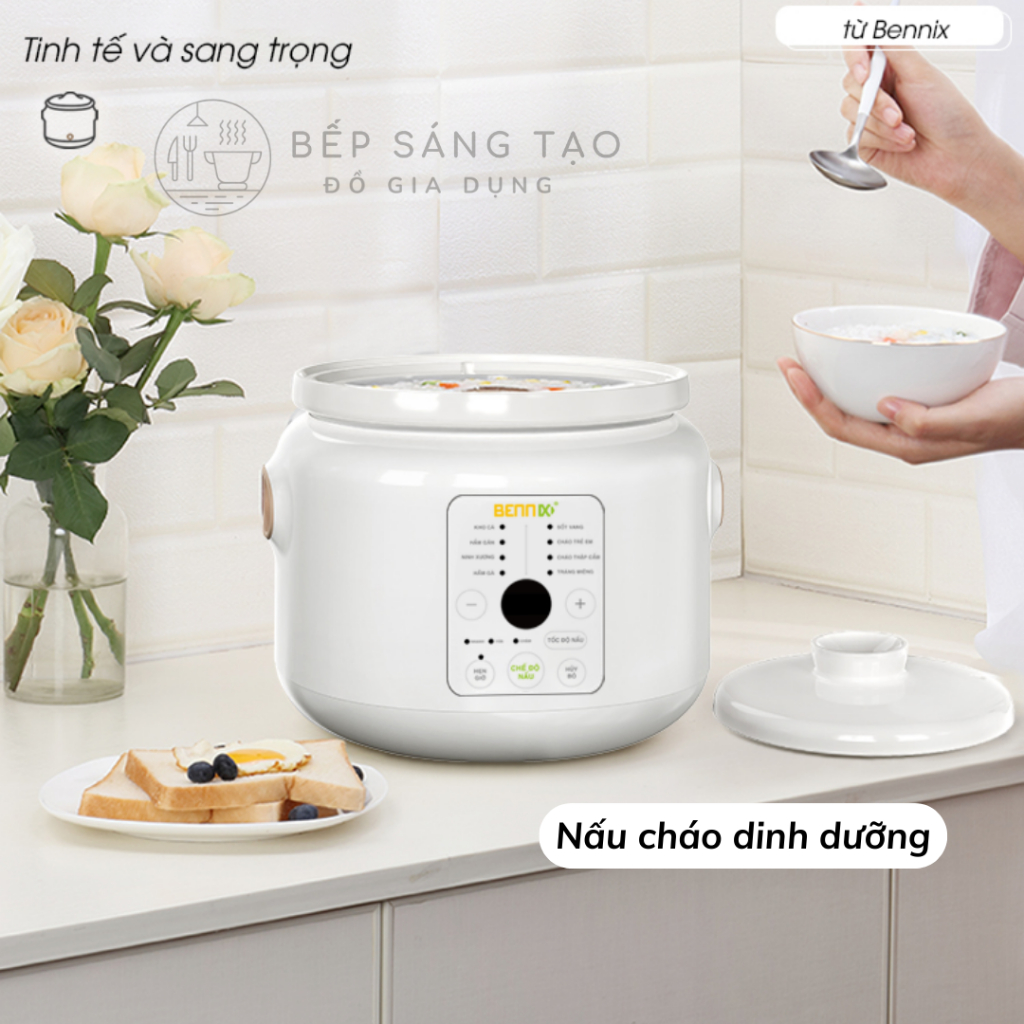 Nồi Nấu Chậm Điện Bennix BN-30SLC Lõi Sứ Hầm Cháo Cho Bé 8 Chức Năng, Hầm Gà, Kho Cá