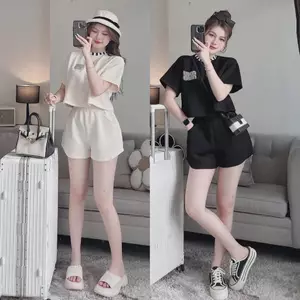 SET ÁO THUN CỔ SỌC ĐÍNH ĐÁ PHỐI QUẦN SHORT NỮ, SET ĐỒ NỮ THỜI TRANG TRẺ TRUNG | MEOINDAHOUSE