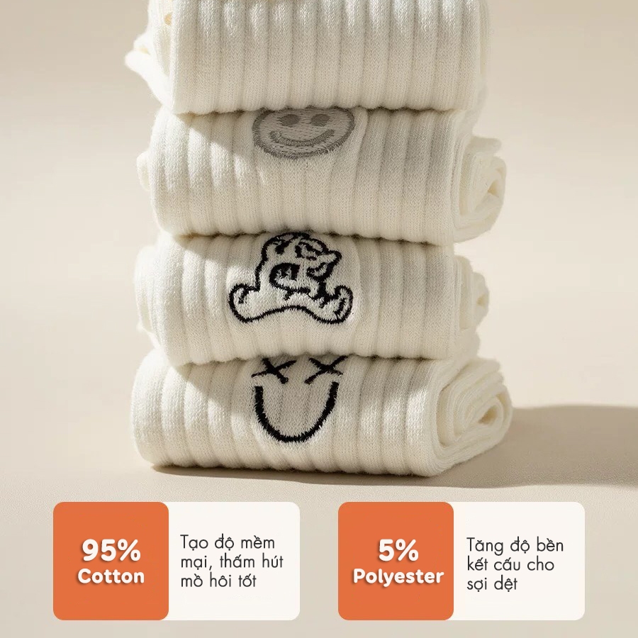 Tất vớ nam nữ màu trắng họa tiết thêu nhỏ xinh đơn giản nhẹ nhàng, chất liệu cotton co giãn thoáng khí - Ekiu Shop