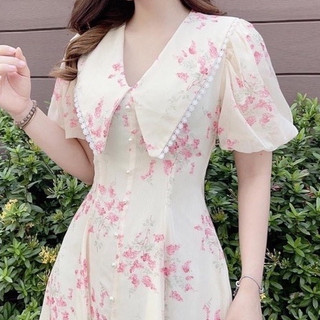 Đầm Voan Hoa Nhí Cổ Bẻ Phối Viền Bông Đính Ngọc Cực Xinh Phong Cách Nàng Ther