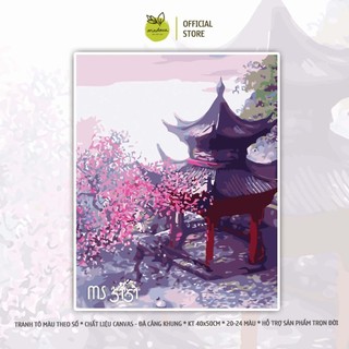 Tranh tô màu số hóa Madoca có khung 40x50cm phong cảnh Đền và Hoa T5151
