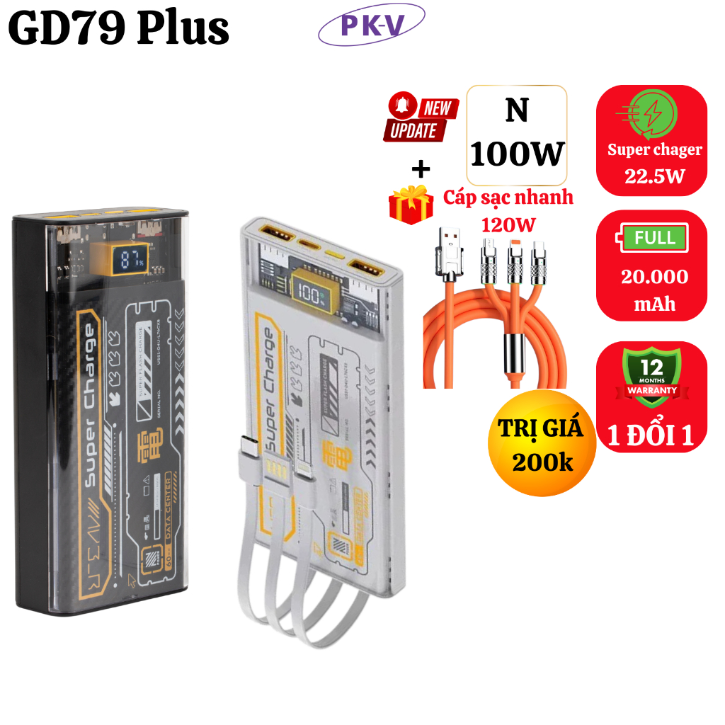 Sạc Pin Dự Phòng NHÔM GD79 Plus (Tặng cáp sạc 3 đầu) Có Màn Hình ...