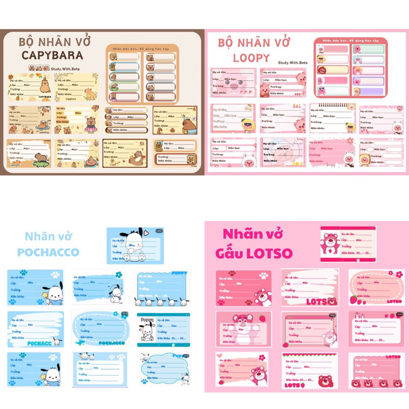 SET 20 NHÃN VỞ BÓC DÁN CAPYBARA, LOOPY, GẤU DÂU, POCHACCO | Shopee Việt Nam