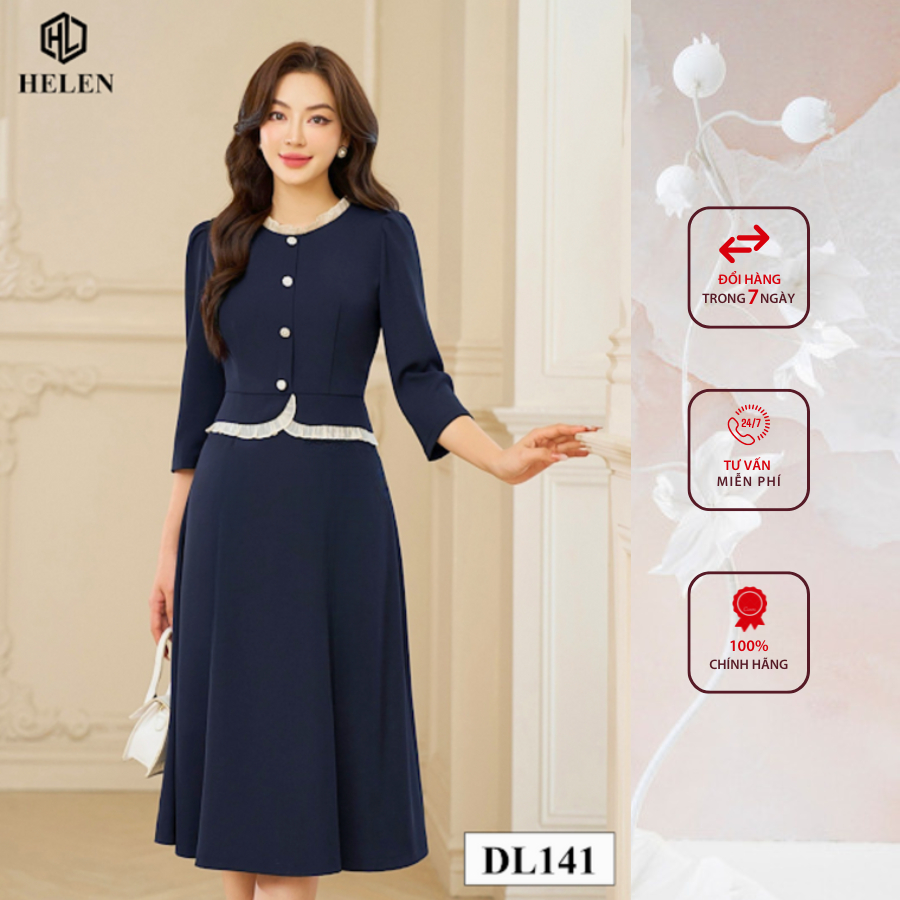 Đầm công sở HELEN thiết kế dáng xòe màu xanh than peplum cổ nhún trắng đính cúc ngực DL141