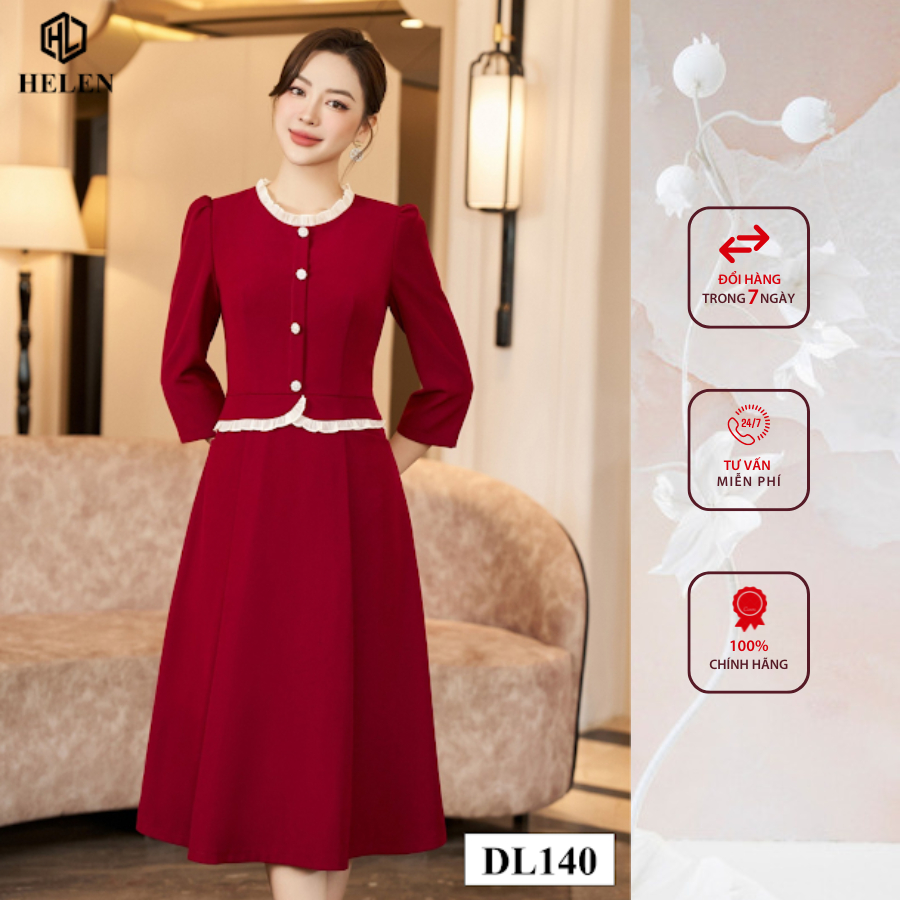 Đầm công sở HELEN thiết kế dáng xòe màu đỏ peplum cổ nhún trắng đính cúc ngực DL140