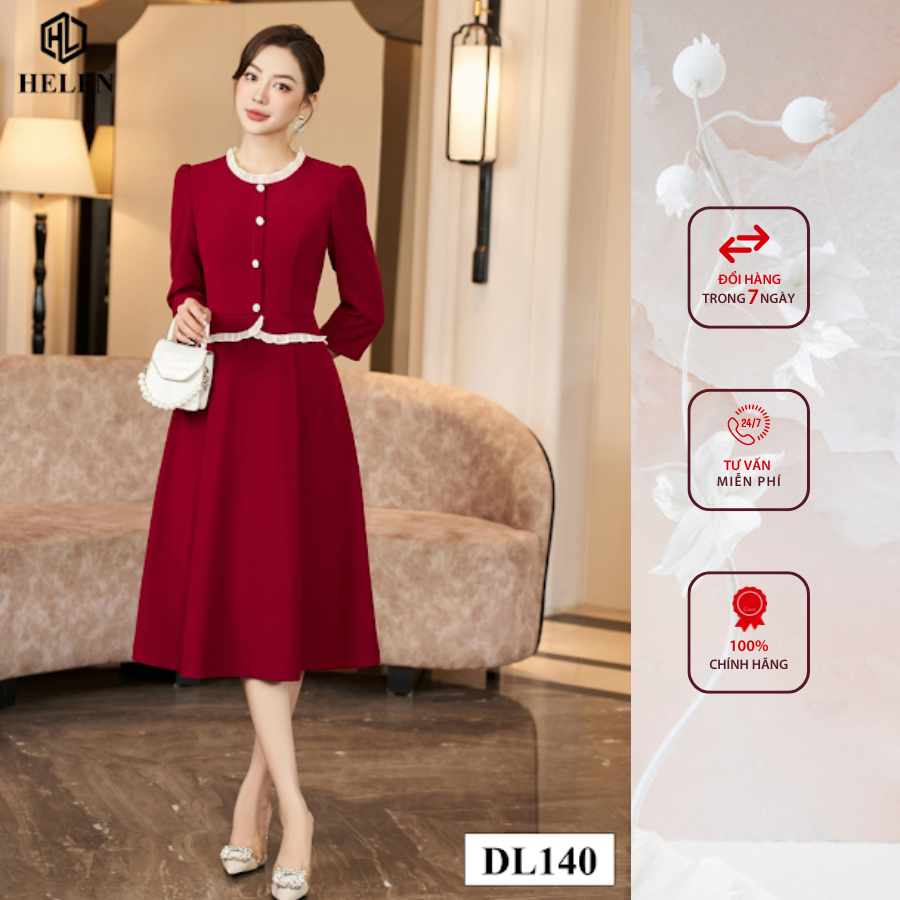 Đầm công sở HELEN thiết kế dáng xòe màu đỏ peplum cổ nhún trắng đính cúc ngực DL140