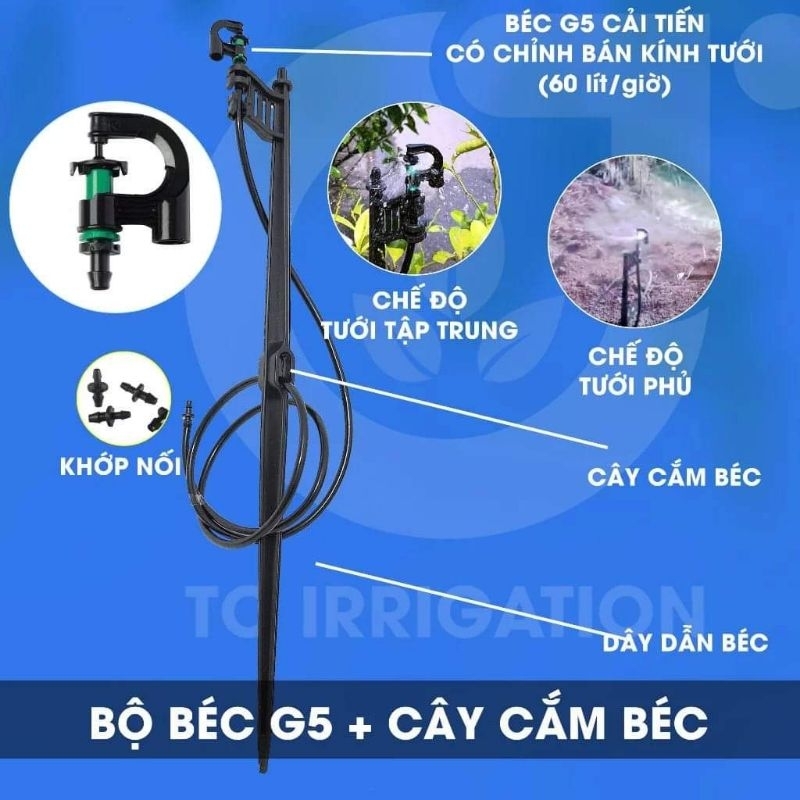 Combo Bộ béc G5 đầy đủ Cọc , béc+ nối 6mm  ,  ron nối tuỳ chọn chân kết nối và béc TUỲ CHỌN CÓ RON CAO SU HOẶC KHÔNG