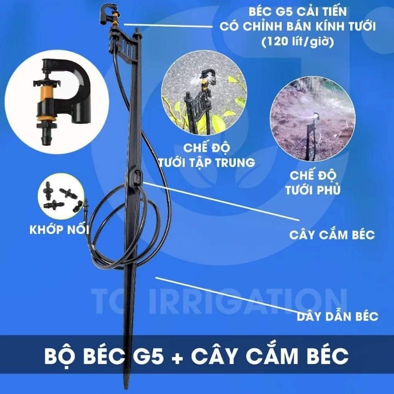 Combo Bộ béc G5 đầy đủ Cọc , béc+ nối 6mm  ,  ron nối tuỳ chọn chân kết nối và béc TUỲ CHỌN CÓ RON CAO SU HOẶC KHÔNG