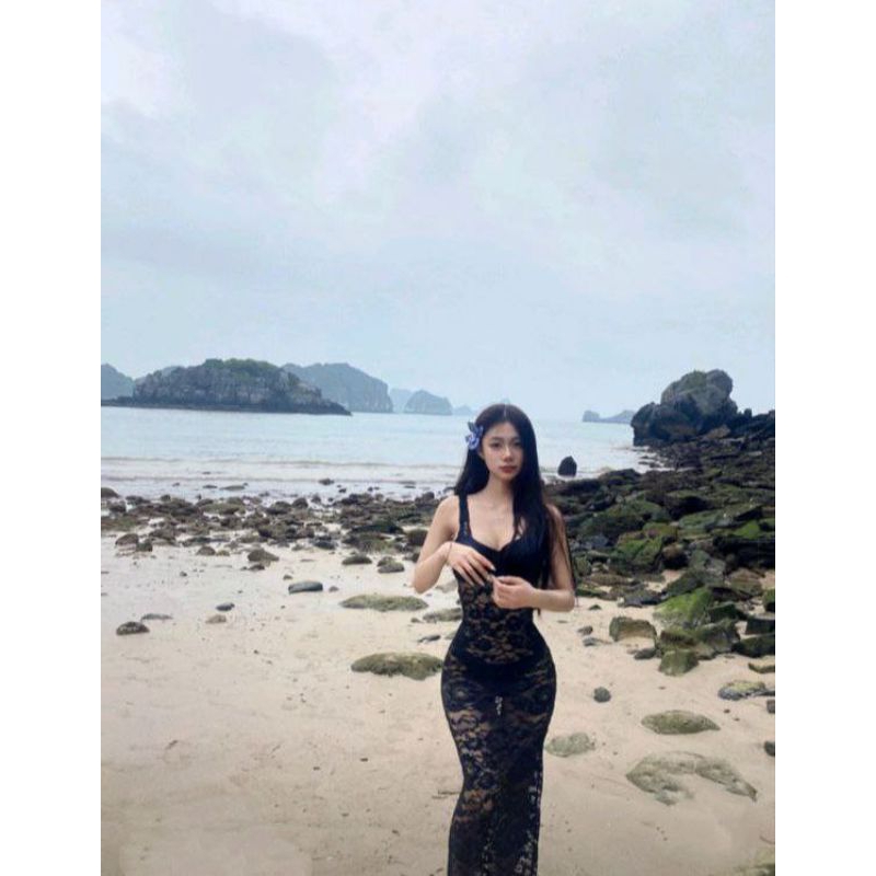 Đầm Ren Đen Trắng Dài xuyên thấu Gợi Cảm, Váy Ren Đuôi Cá Khoét Lưng, Dầm Maxi Ren Dài Đi Biển
