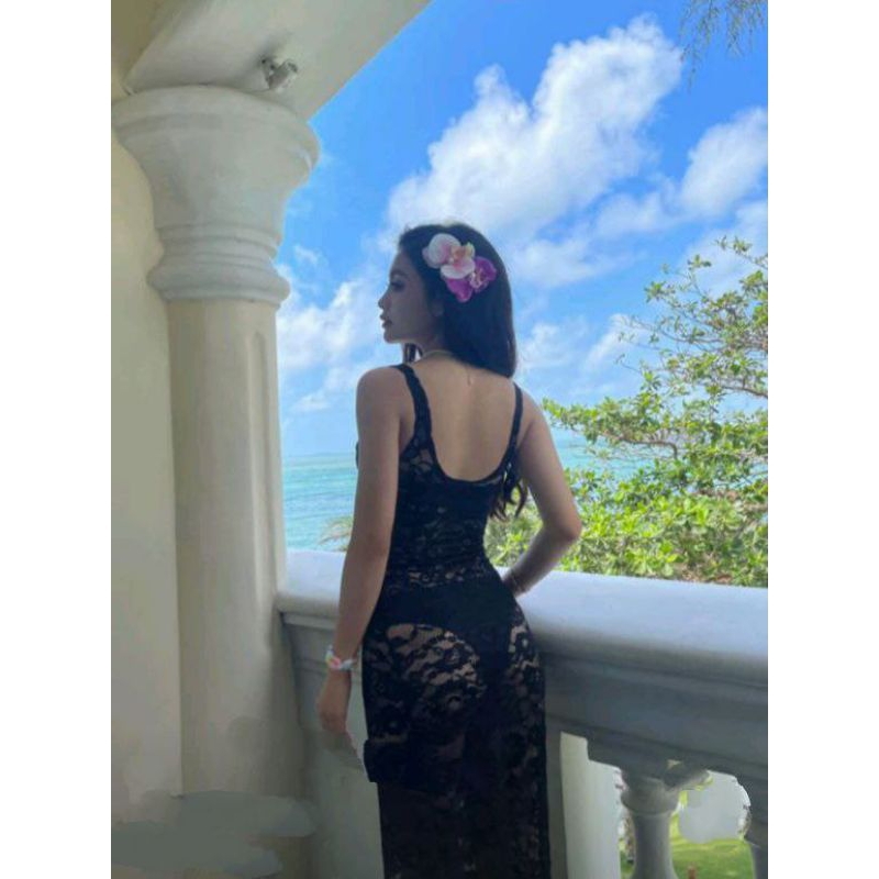 Đầm Ren Đen Trắng Dài xuyên thấu Gợi Cảm, Váy Ren Đuôi Cá Khoét Lưng, Dầm Maxi Ren Dài Đi Biển
