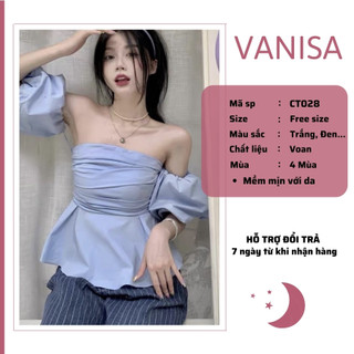Áo croptop trễ vai bẹt tay phồng kiểu nhún gấp nếp trắng đen giá rẻ cao cấp VANISA CT028